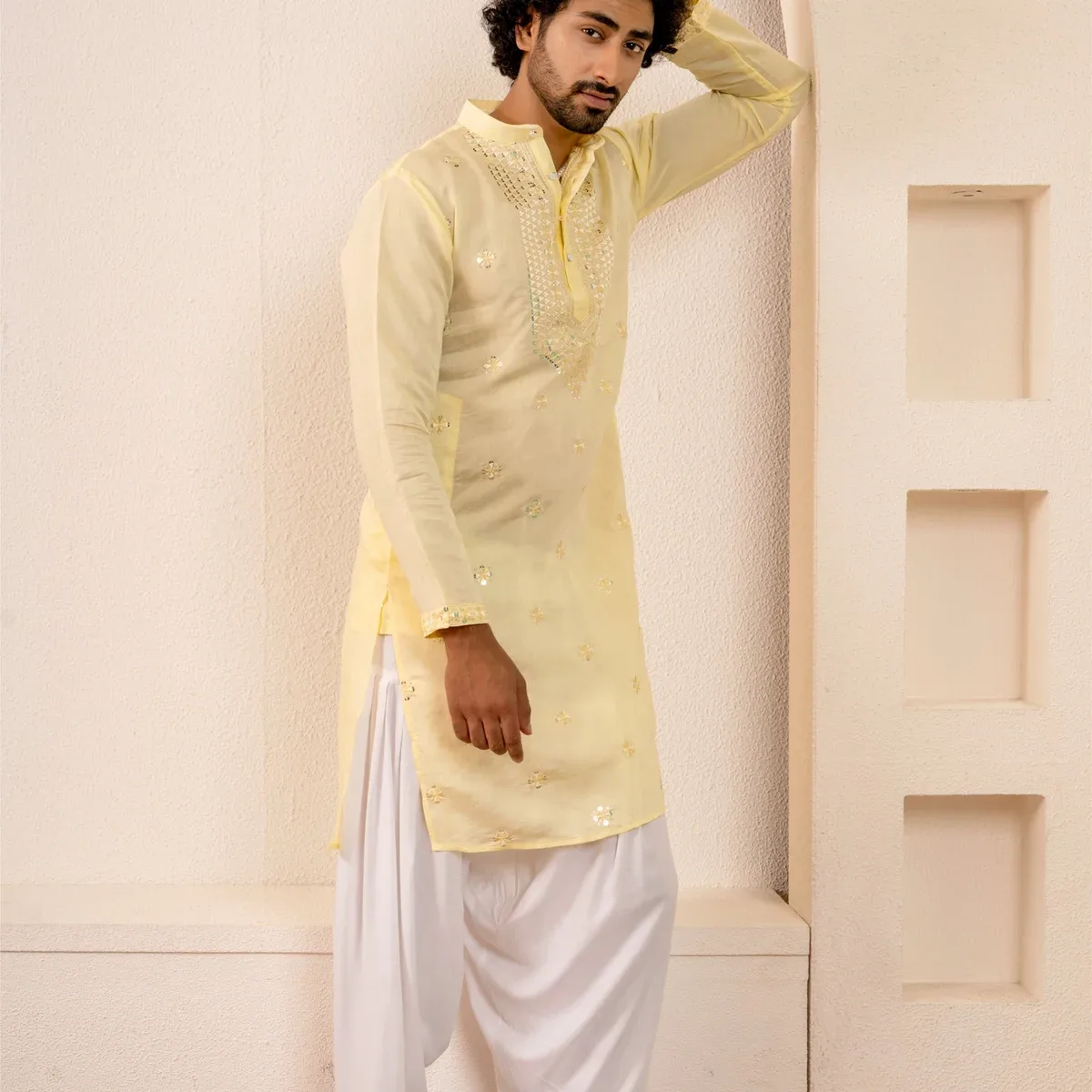 Macaron Yellow Men's Kurta with Mirror & Neckwork Embroidery by Firangi Yarn, photo 4 of 4