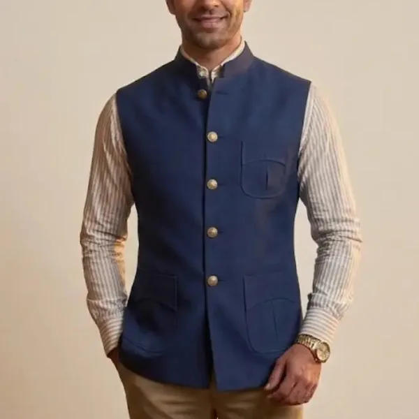 Navy Blue Nehru Jacket with Contrast Collar