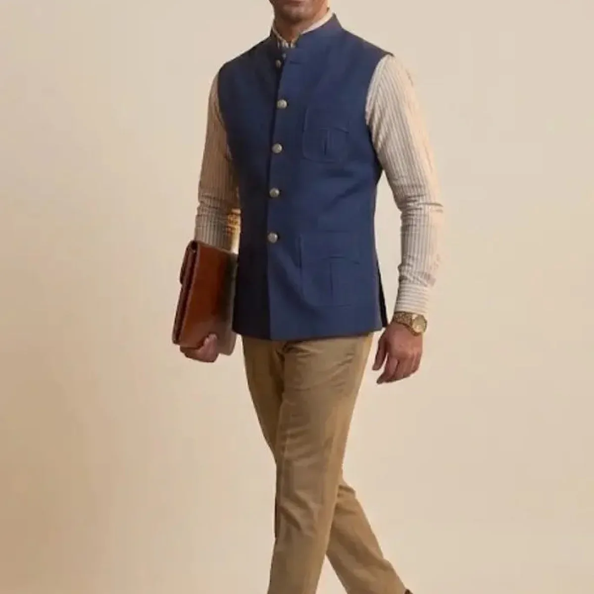 Navy Blue Nehru Jacket with Contrast Collar, photo 2 of 4