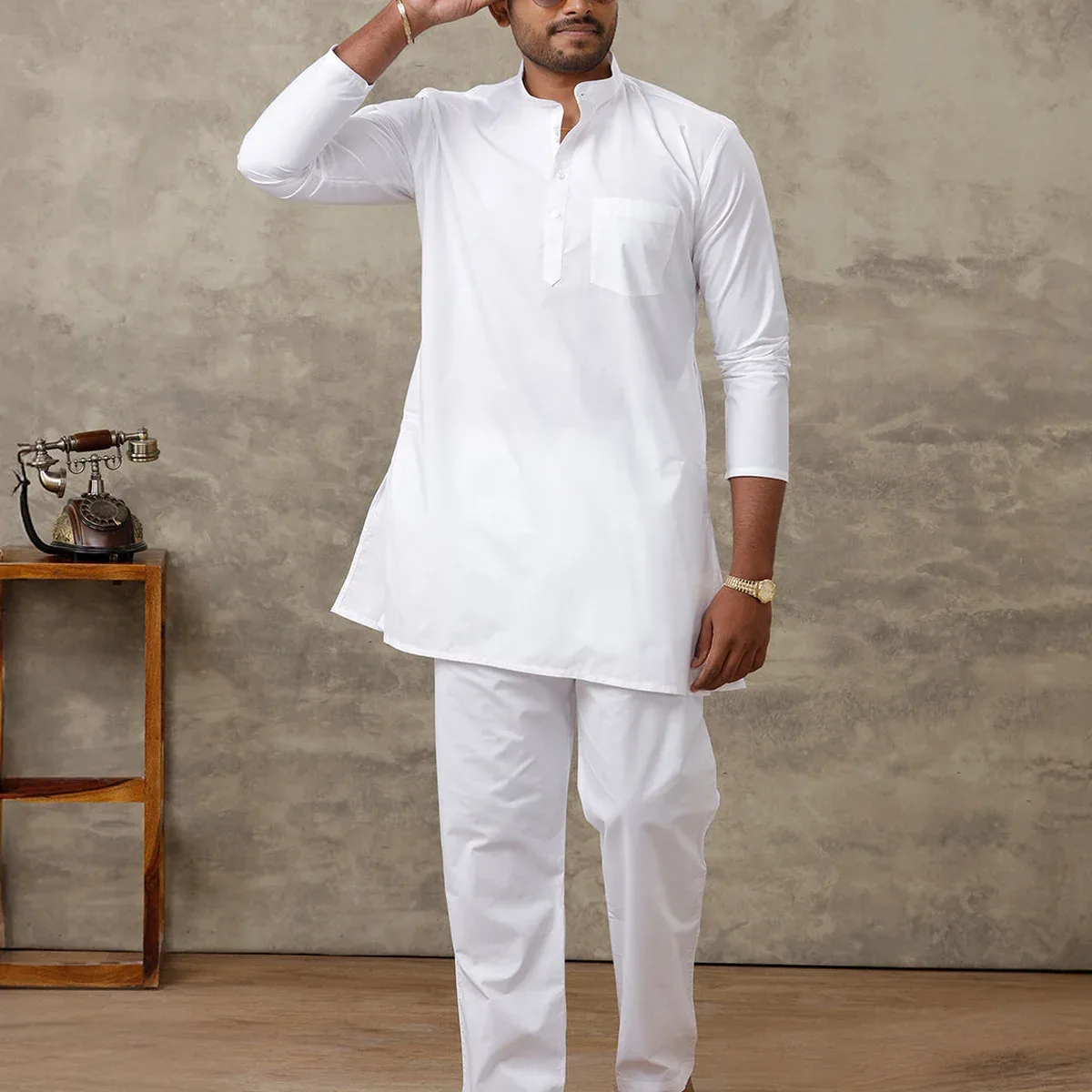 Cotton Medium Length White Kurta Pyjama Set, photo 2 of 4