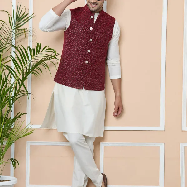 Red Woven Jacquard Nehru Jacket