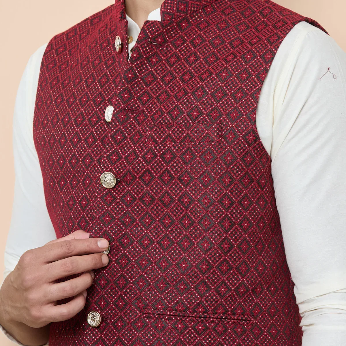 Red Woven Jacquard Nehru Jacket, photo 3 of 4