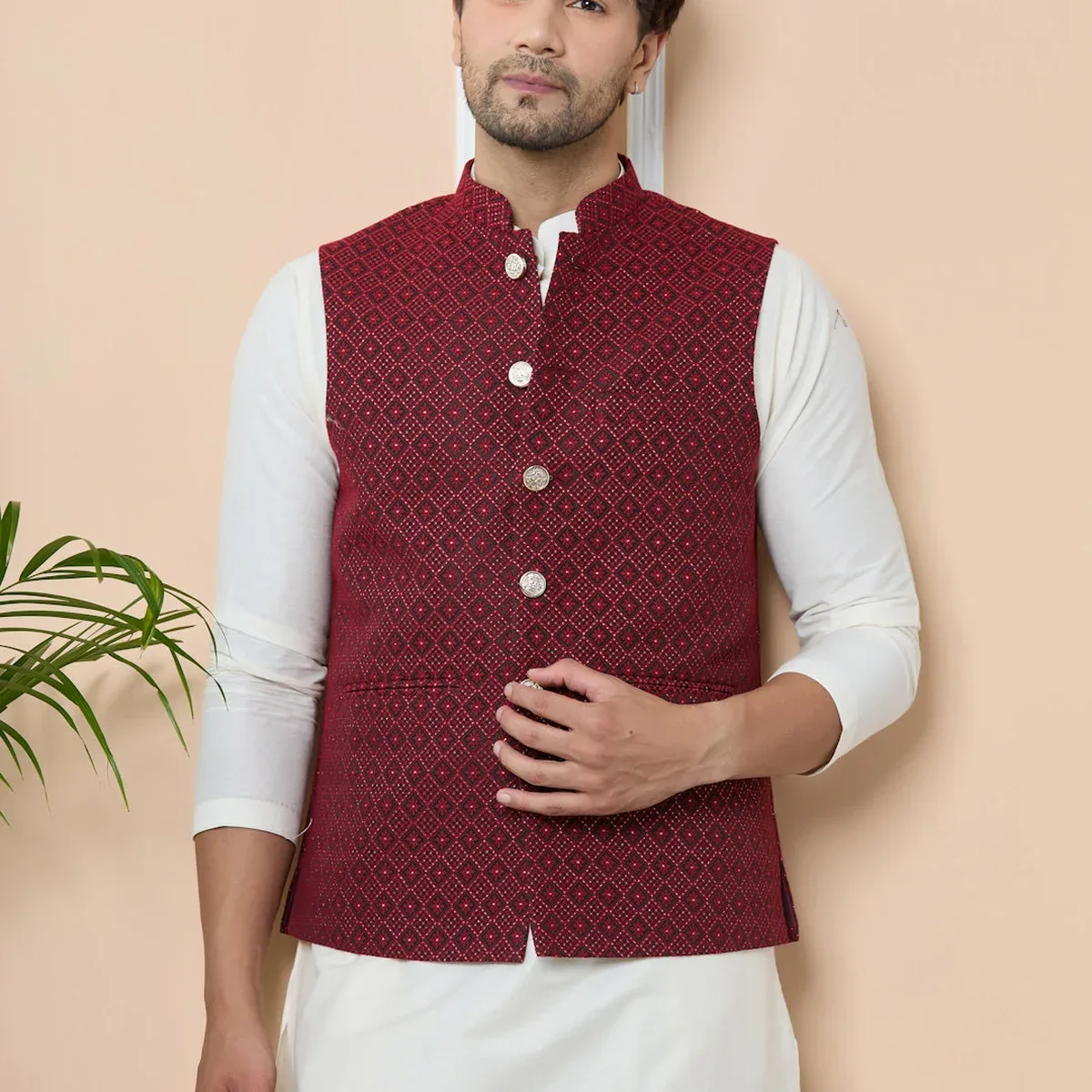 Red Woven Jacquard Nehru Jacket, photo 4 of 4