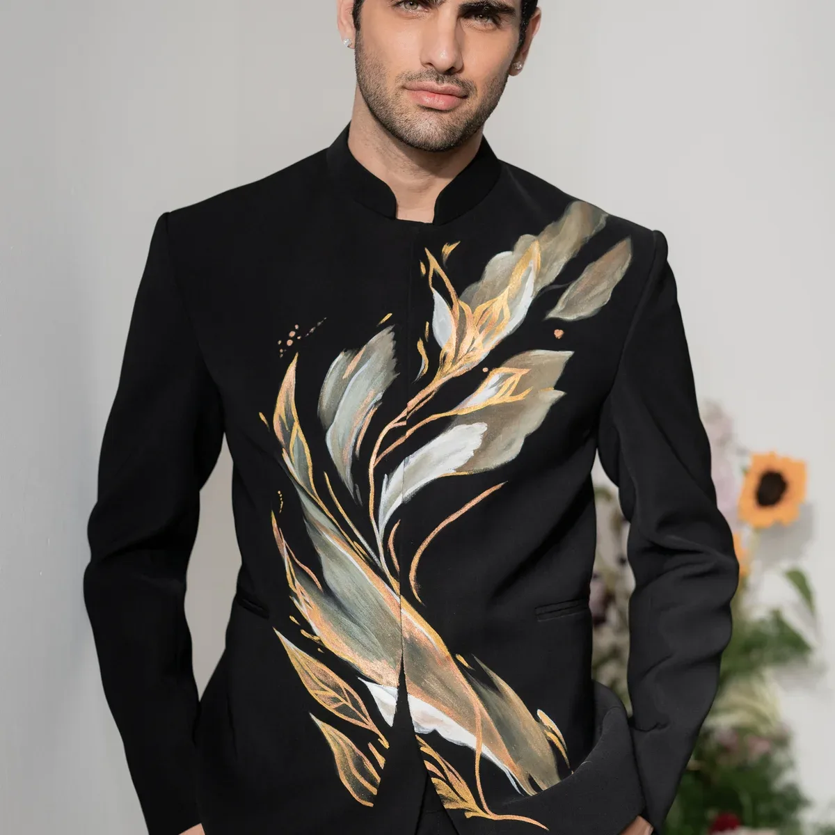 Brushline - Black Hand Painted Armani Fabric Bandhgala, photo 1 of 4
