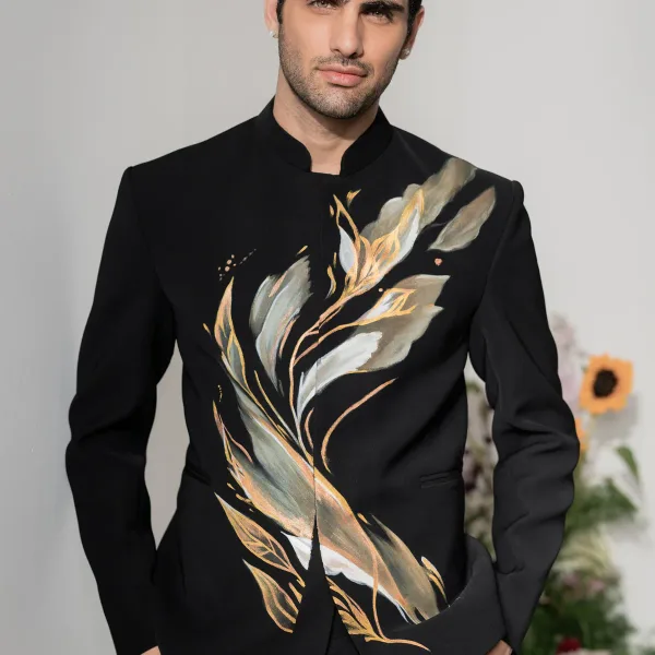 Brushline - Black Hand Painted Armani Fabric Bandhgala
