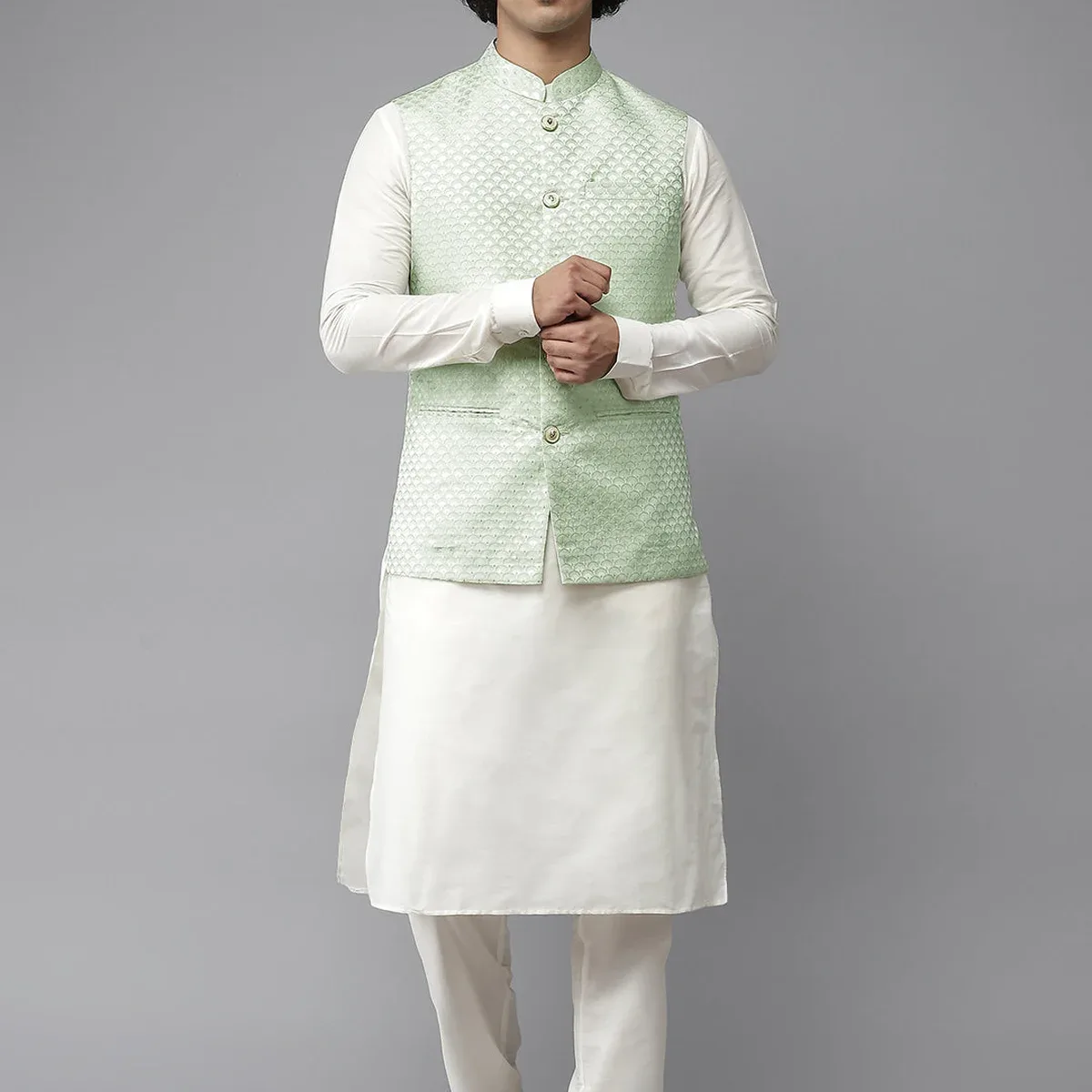 Solid Kurta With Pyjama & Jacquard Nehru Jacket, photo 1 of 4
