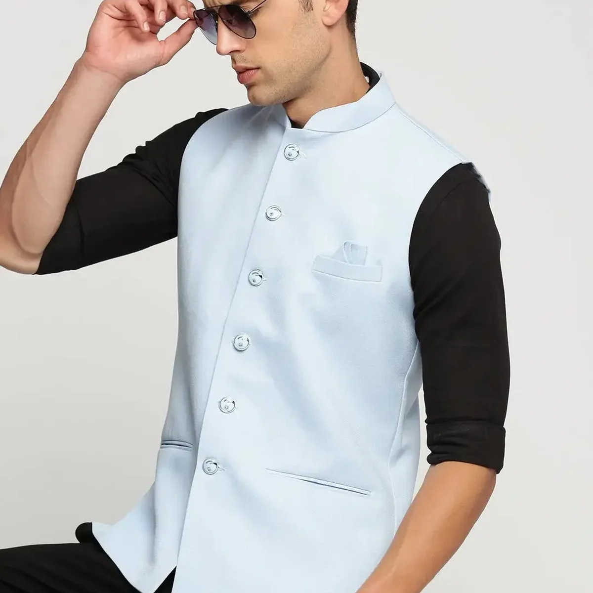 Men's Turquoise Blue Slim Fit Mandarin Collar Nehru Jacket, photo 1 of 4
