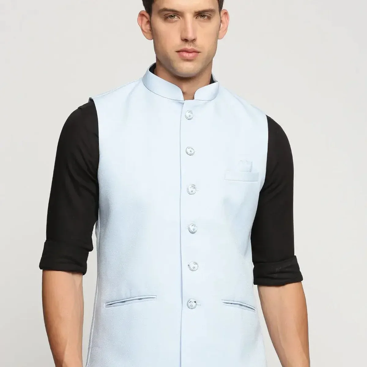 Men's Turquoise Blue Slim Fit Mandarin Collar Nehru Jacket, photo 2 of 4
