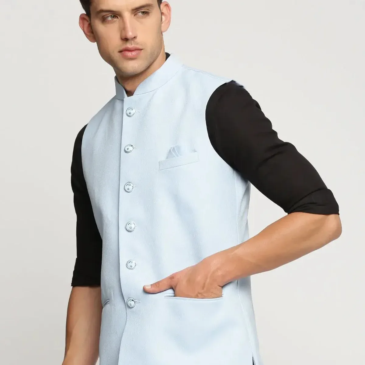 Men's Turquoise Blue Slim Fit Mandarin Collar Nehru Jacket, photo 3 of 4