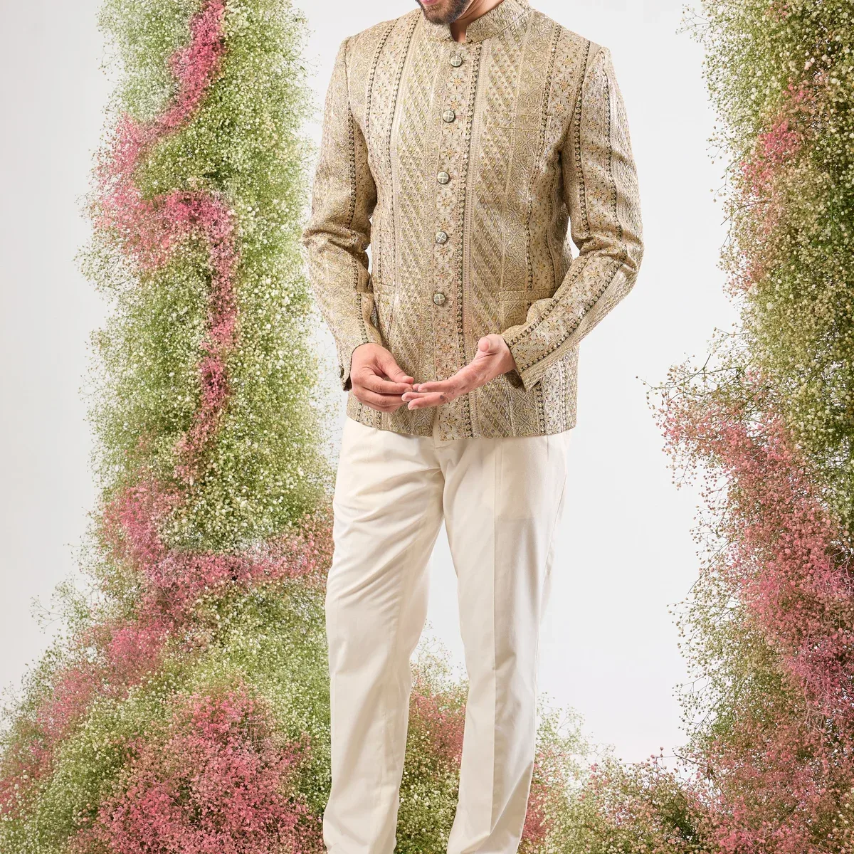 This Sage Green Bandhgala showcases rich Detailed Zari Work across the fabric, complemented by glittering sequ, photo 1 of 4