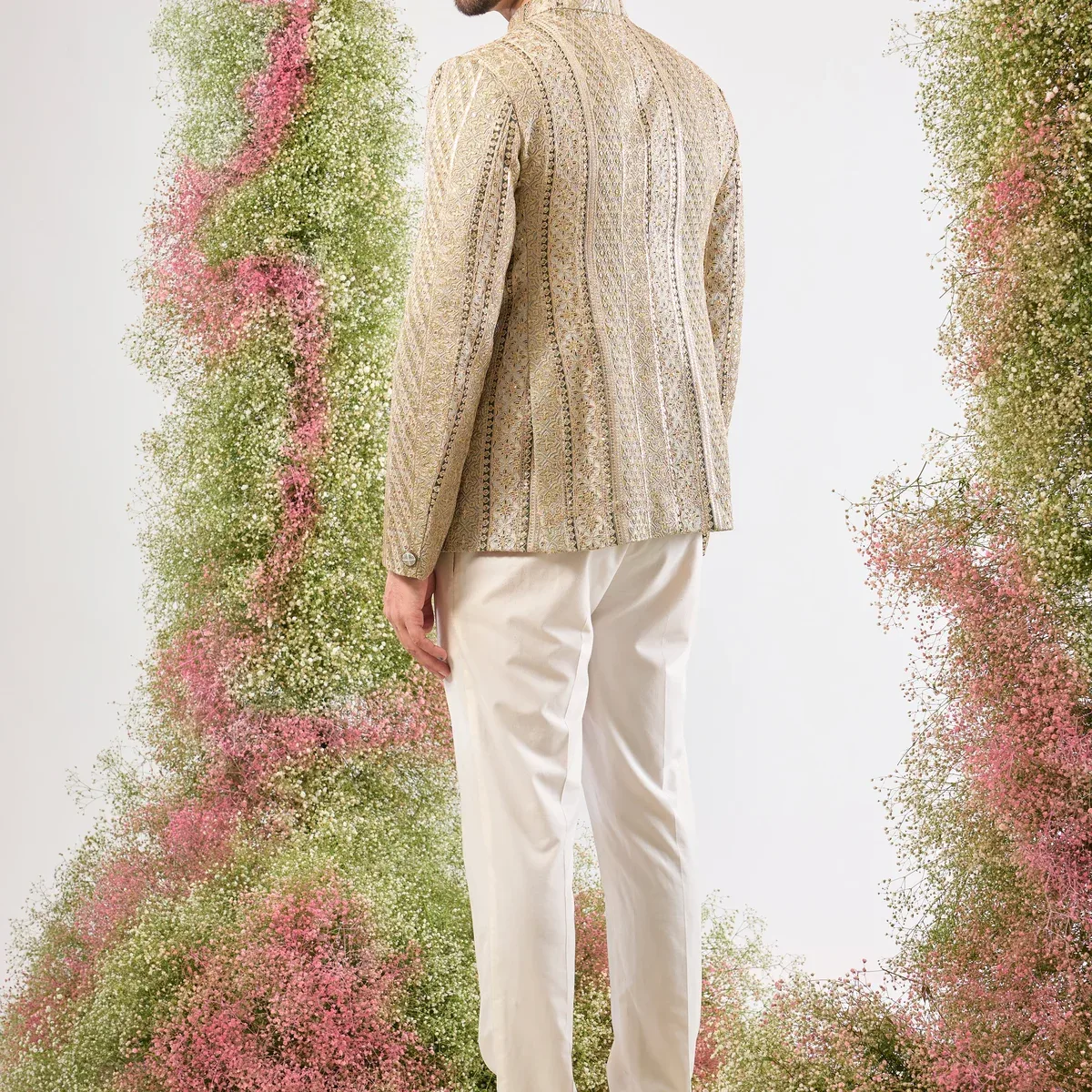 This Sage Green Bandhgala showcases rich Detailed Zari Work across the fabric, complemented by glittering sequ, photo 2 of 4
