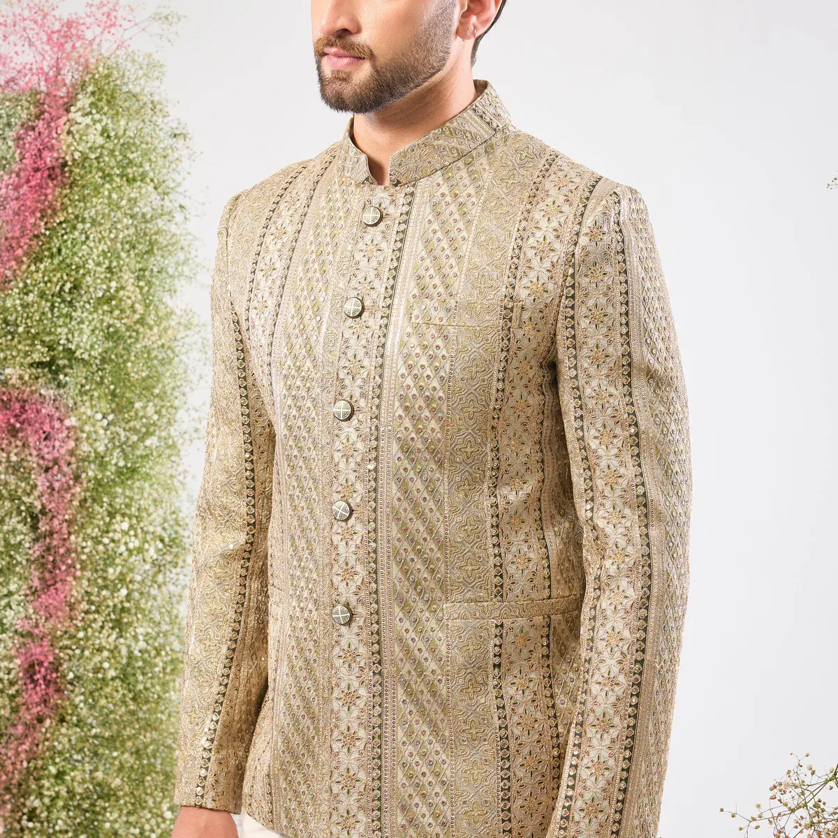 This Sage Green Bandhgala showcases rich Detailed Zari Work across the fabric, complemented by glittering sequ, photo 3 of 4