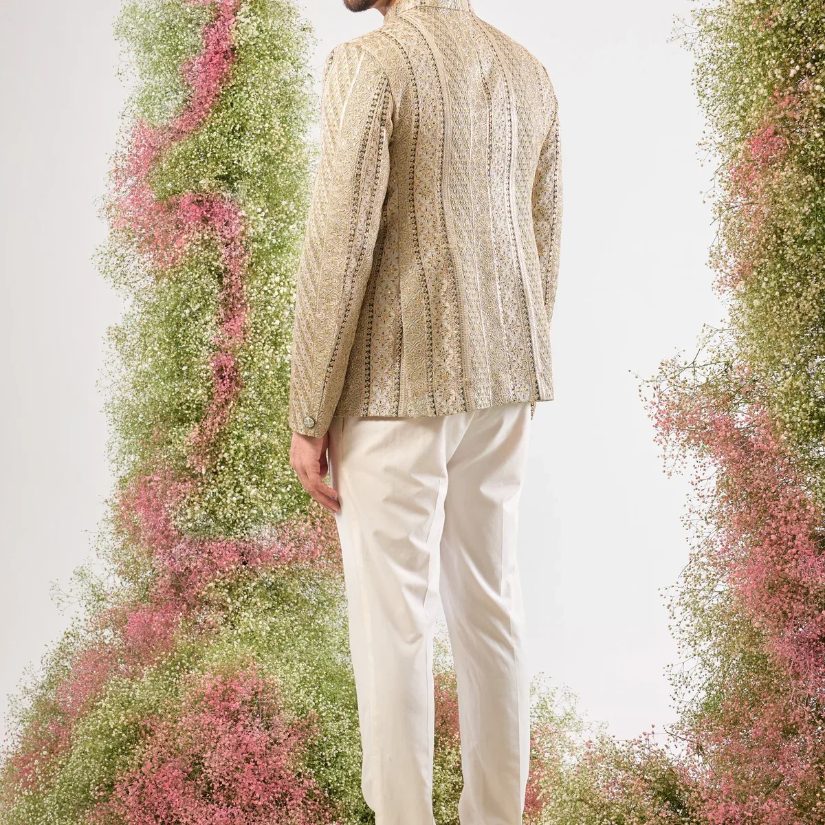 This Sage Green Bandhgala showcases rich Detailed Zari Work across the fabric, complemented by glittering sequ, photo 4 of 4