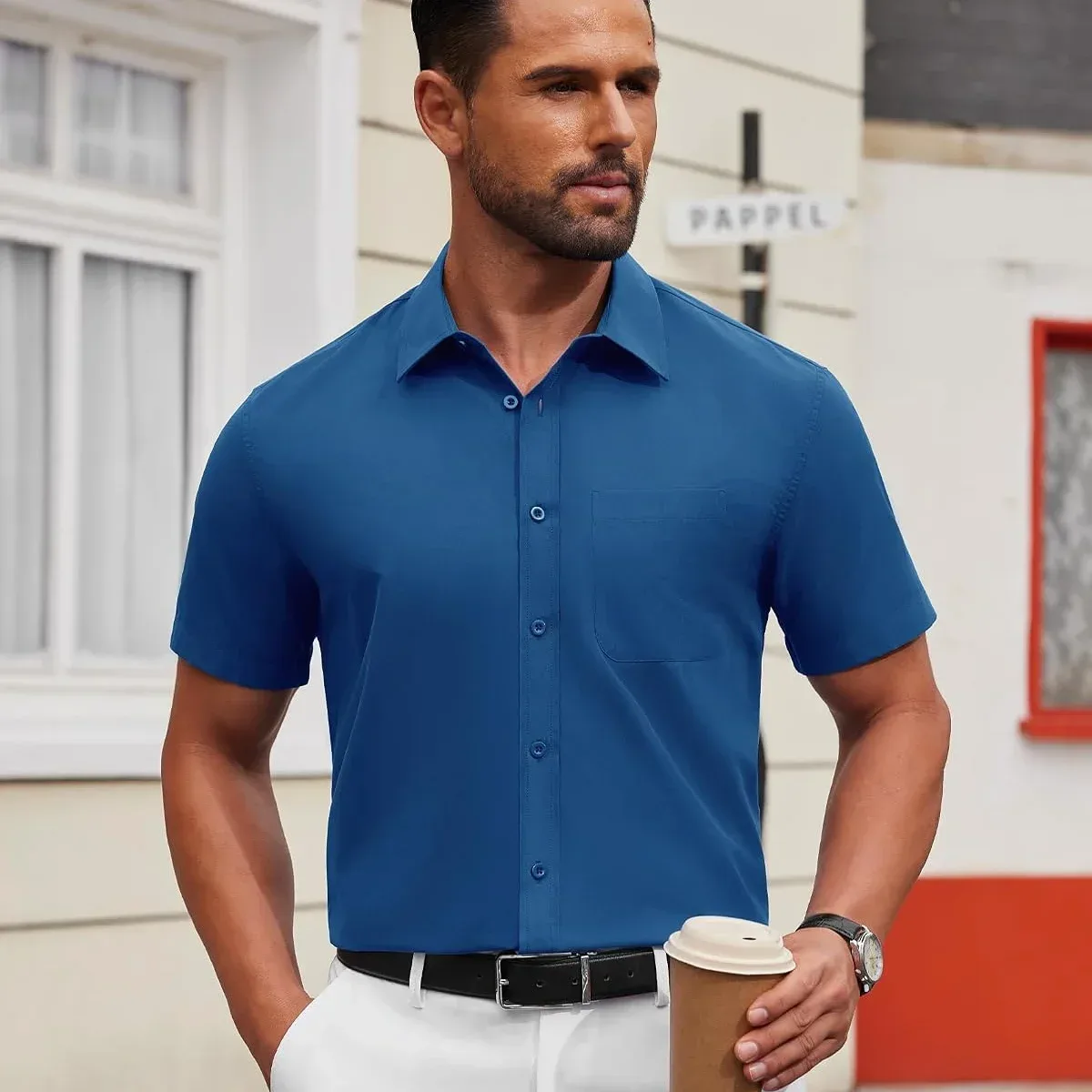 Alimens & Gentle Men's Short Sleeve Dress Shirts Wrinkle Free Untucked Casual Button Down Shirt, photo 2 of 4