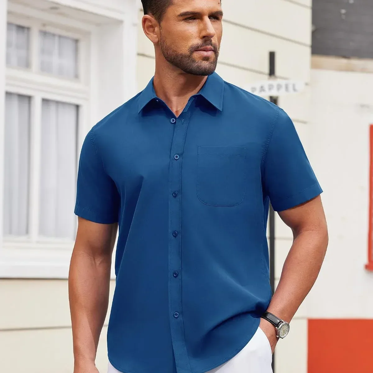 Alimens & Gentle Men's Short Sleeve Dress Shirts Wrinkle Free Untucked Casual Button Down Shirt, photo 3 of 4