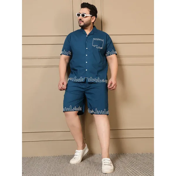 Premium Teal Blue Cotton Embroidered Shirt With Shorts Men Plus Size Co-ord Set