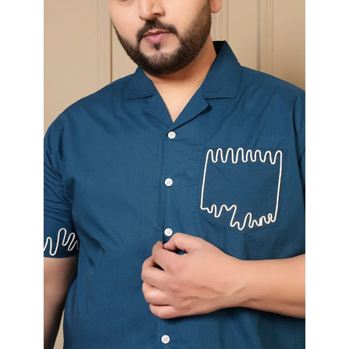 Premium Teal Blue Cotton Embroidered Shirt With Shorts Men Plus Size Co-ord Set, photo 2 of 4