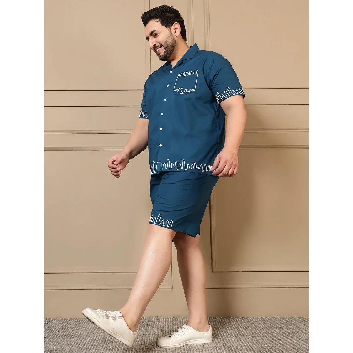 Premium Teal Blue Cotton Embroidered Shirt With Shorts Men Plus Size Co-ord Set, photo 3 of 4