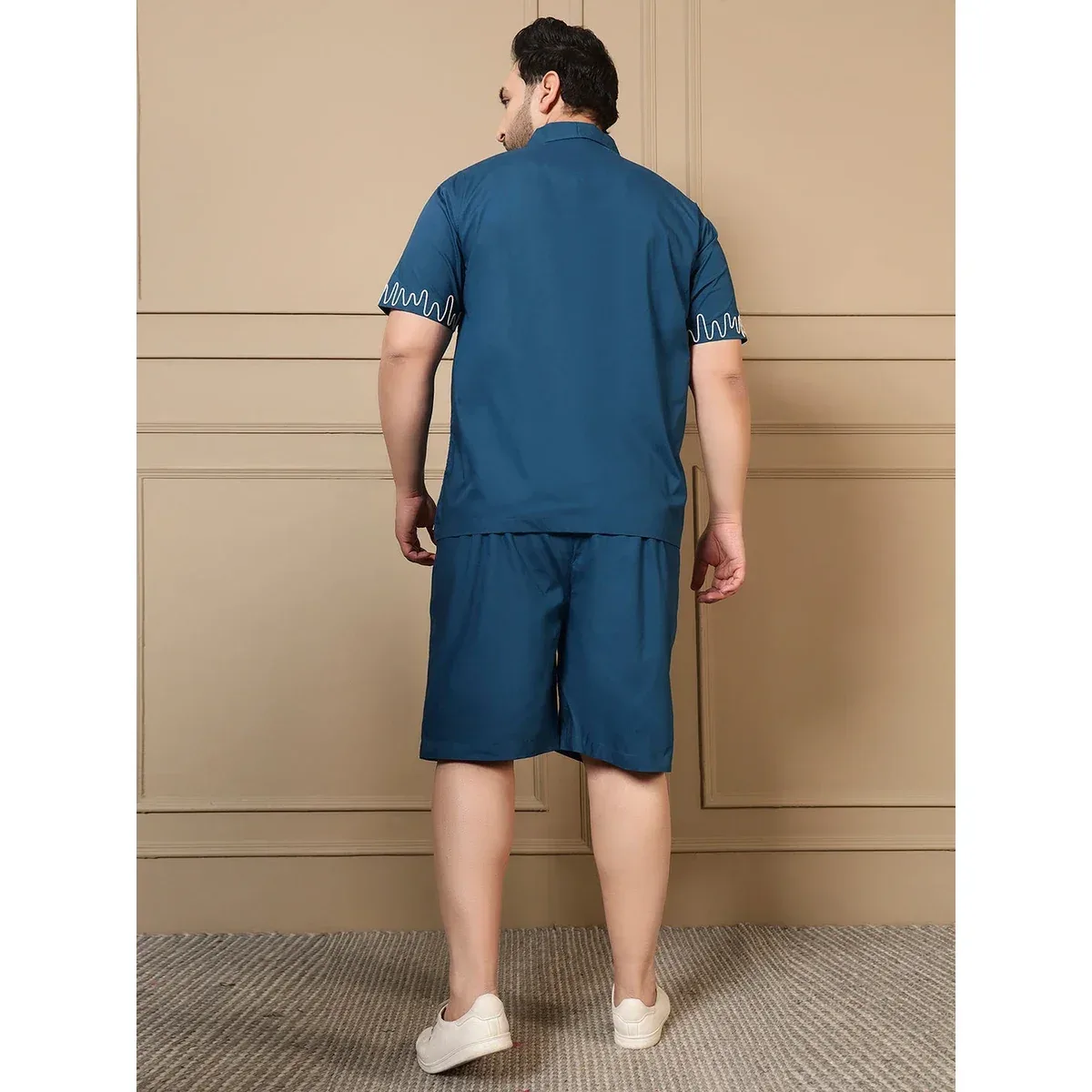 Premium Teal Blue Cotton Embroidered Shirt With Shorts Men Plus Size Co-ord Set, photo 4 of 4