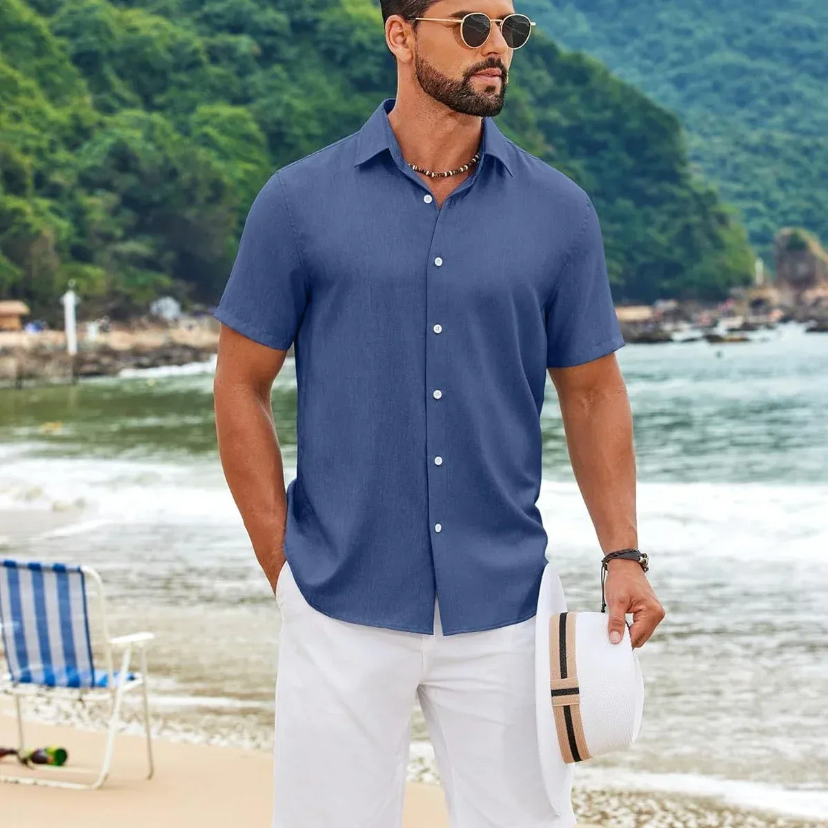 COOFANDY Mens Casual Button Down Shirt Short Sleeve Lightweight Summer Beach Shirts Textured Linen Shirt, photo 2 of 4