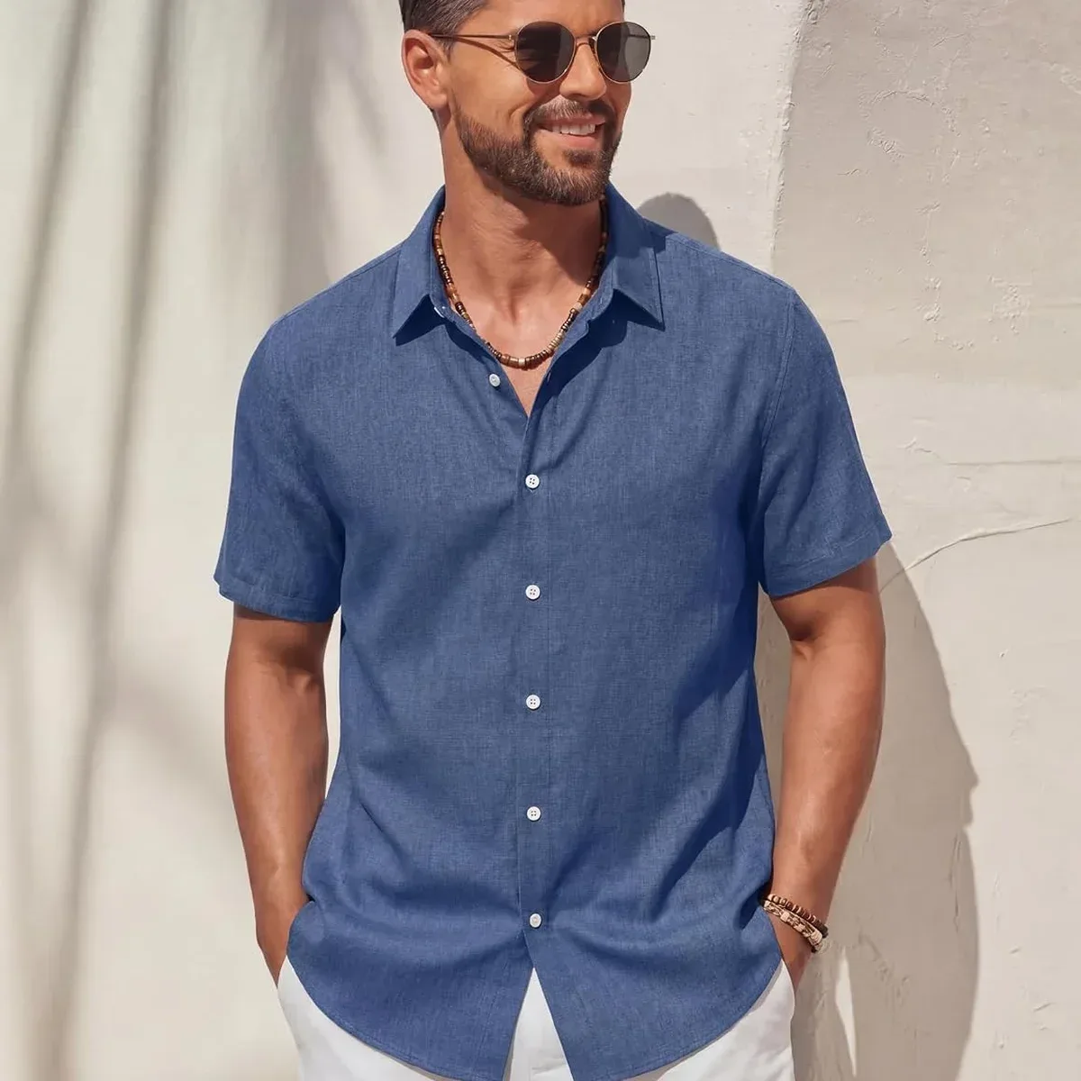 COOFANDY Mens Casual Button Down Shirt Short Sleeve Lightweight Summer Beach Shirts Textured Linen Shirt, photo 3 of 4