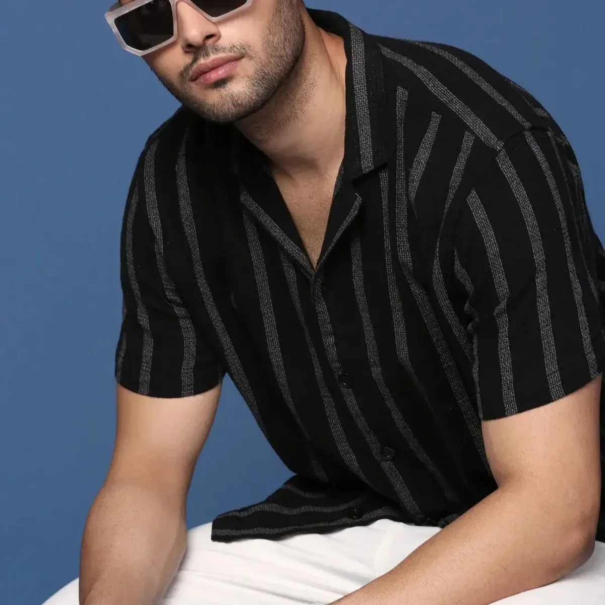 Men's Cuban Collar Striped Black Relaxed Fit Casual Shirt, photo 1 of 4