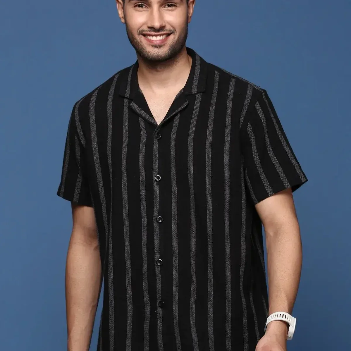 Men's Cuban Collar Striped Black Relaxed Fit Casual Shirt, photo 2 of 4