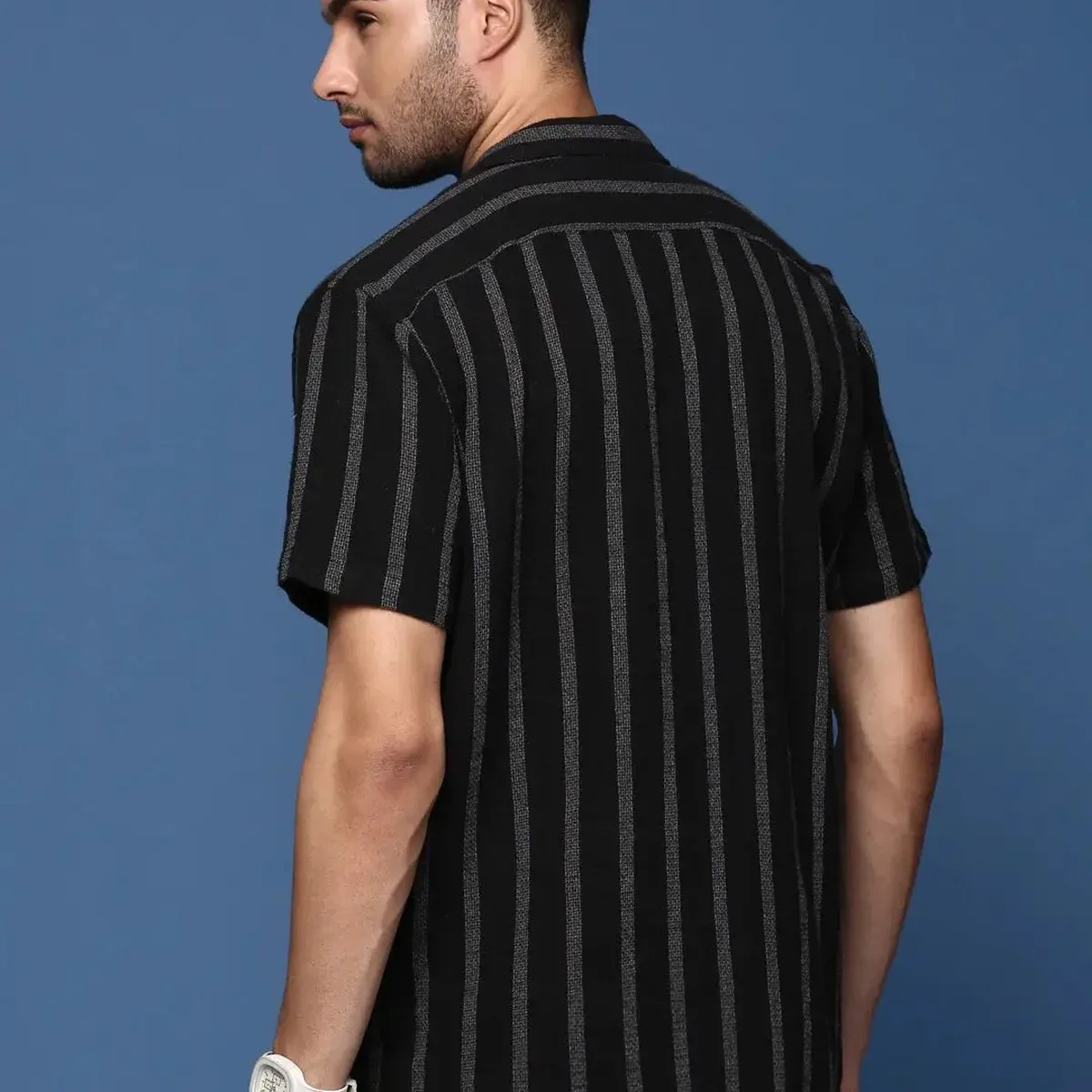 Men's Cuban Collar Striped Black Relaxed Fit Casual Shirt, photo 4 of 4
