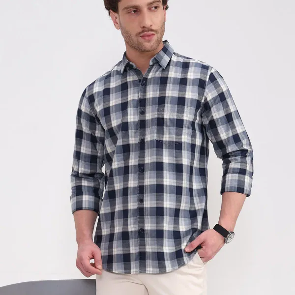 Navy Blue Checked Slim Fit Casual Shirt
