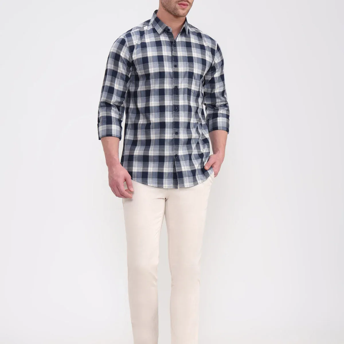 Navy Blue Checked Slim Fit Casual Shirt, photo 3 of 4