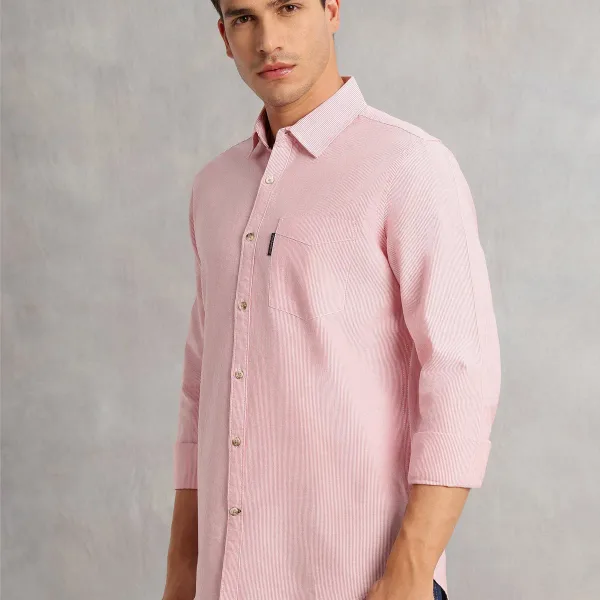 Men Red Cricket Club Collection Regular Fit Pinstripes Long Sleeves Spread Collar 100% Cotton Oxford Casual Sh