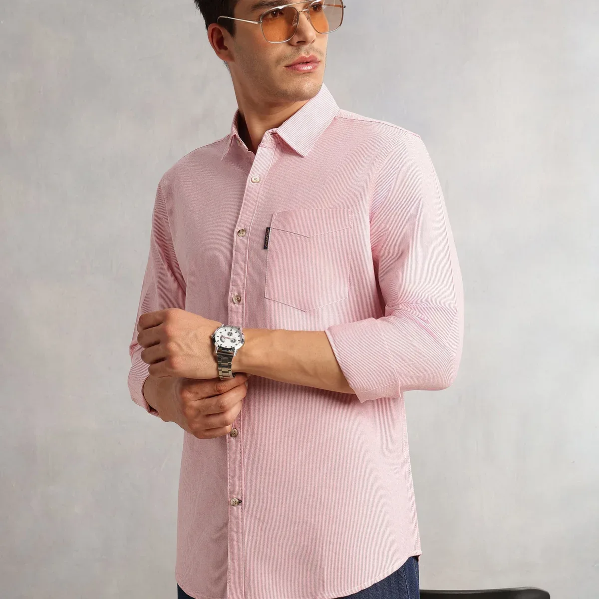 Men Red Cricket Club Collection Regular Fit Pinstripes Long Sleeves Spread Collar 100% Cotton Oxford Casual Sh, photo 3 of 4
