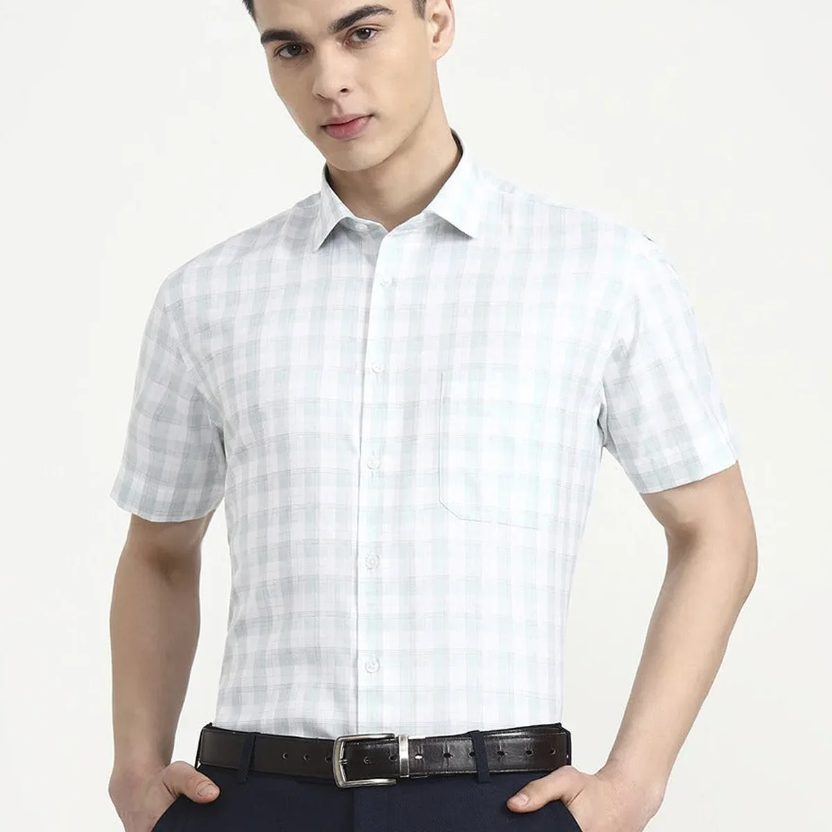 White & Green Checked Regular Fit Formal Shirt | Greenfibre, photo 1 of 4