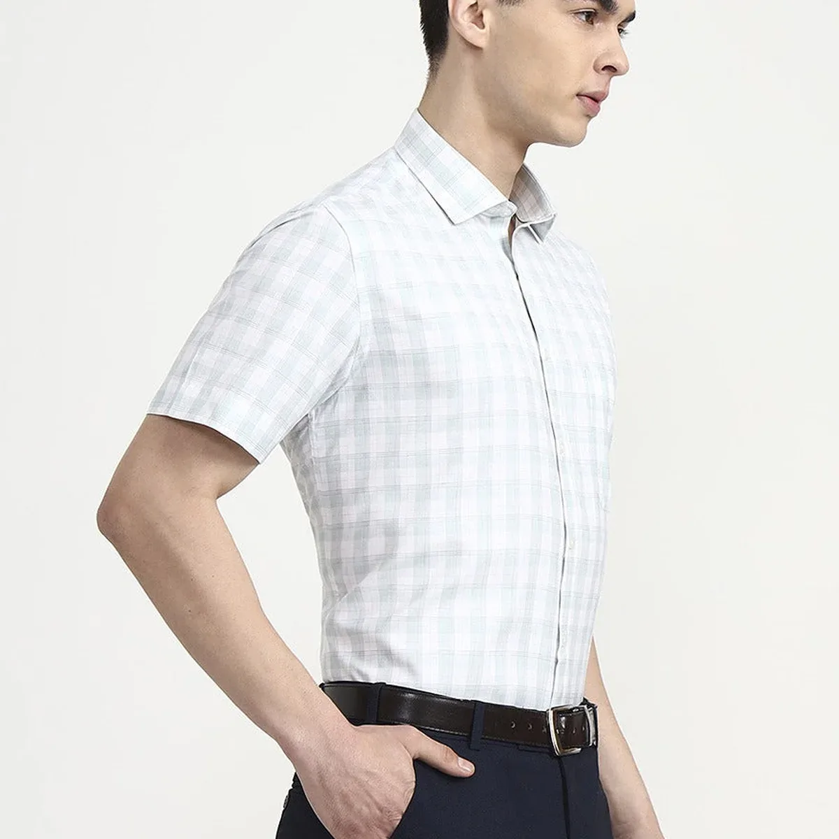 White & Green Checked Regular Fit Formal Shirt | Greenfibre, photo 4 of 4