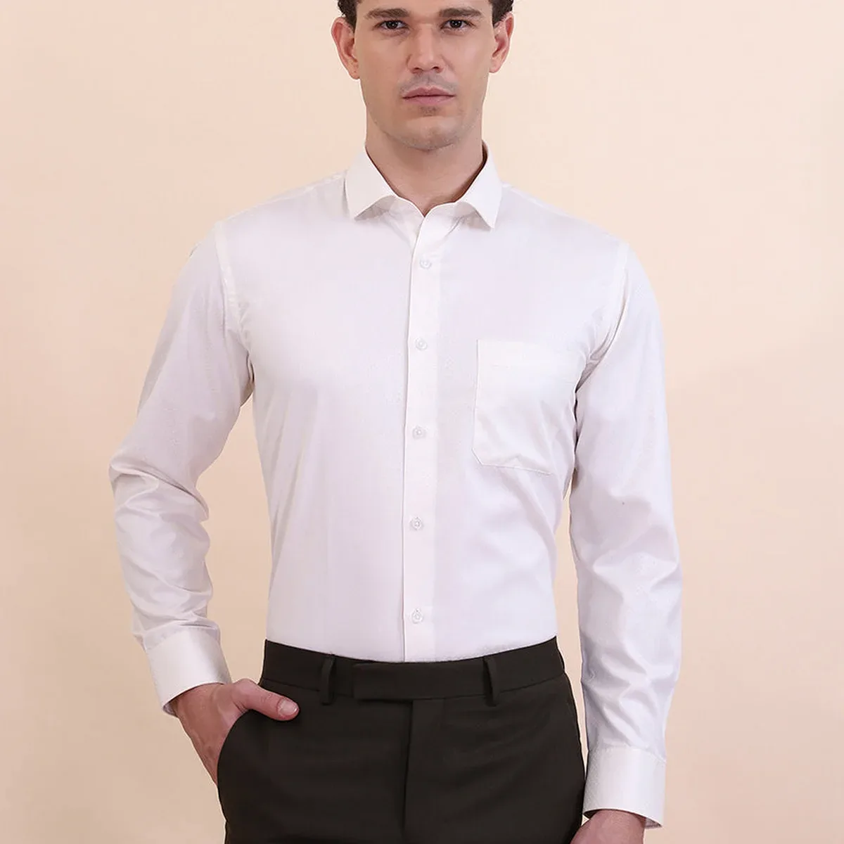 Cream Solid Slim Fit Formal Shirt | Greenfibre, photo 1 of 4