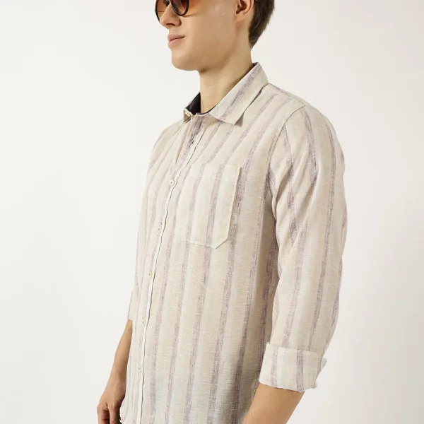 Khaki Classic Spread Collar Vertical Striped Linen Slim Fit Casual Shirt For Men