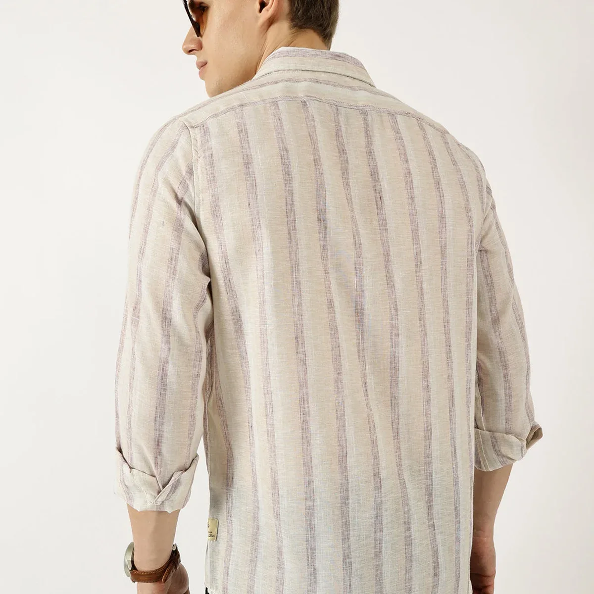 Khaki Classic Spread Collar Vertical Striped Linen Slim Fit Casual Shirt For Men, photo 2 of 4