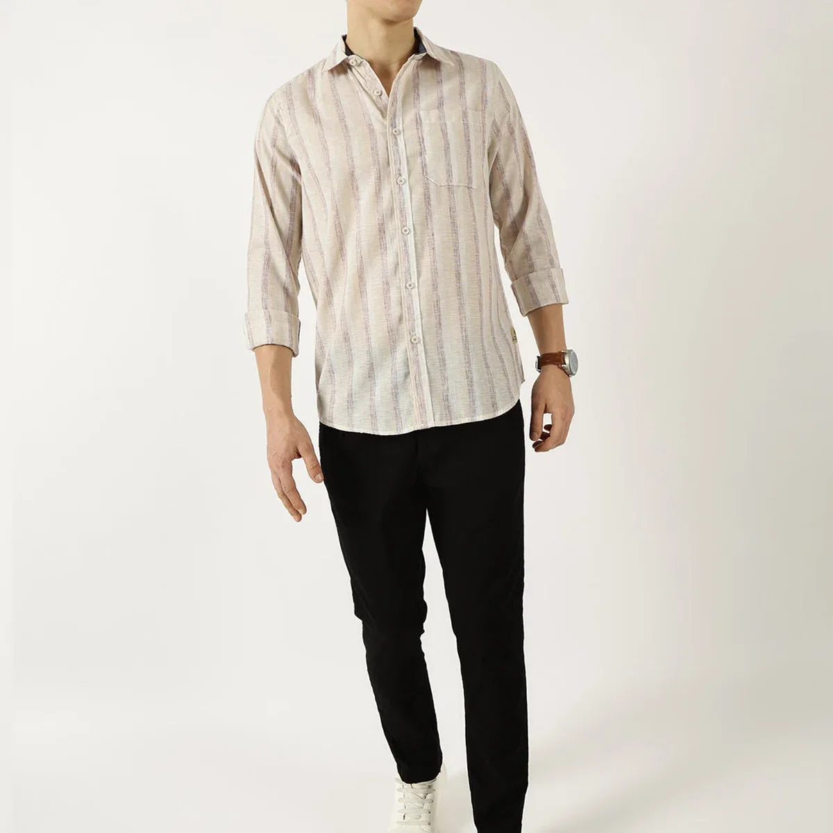 Khaki Classic Spread Collar Vertical Striped Linen Slim Fit Casual Shirt For Men, photo 3 of 4