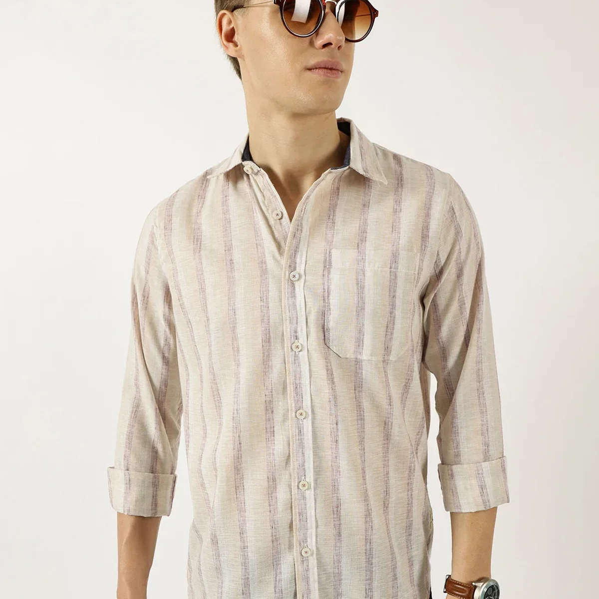 Khaki Classic Spread Collar Vertical Striped Linen Slim Fit Casual Shirt For Men, photo 4 of 4