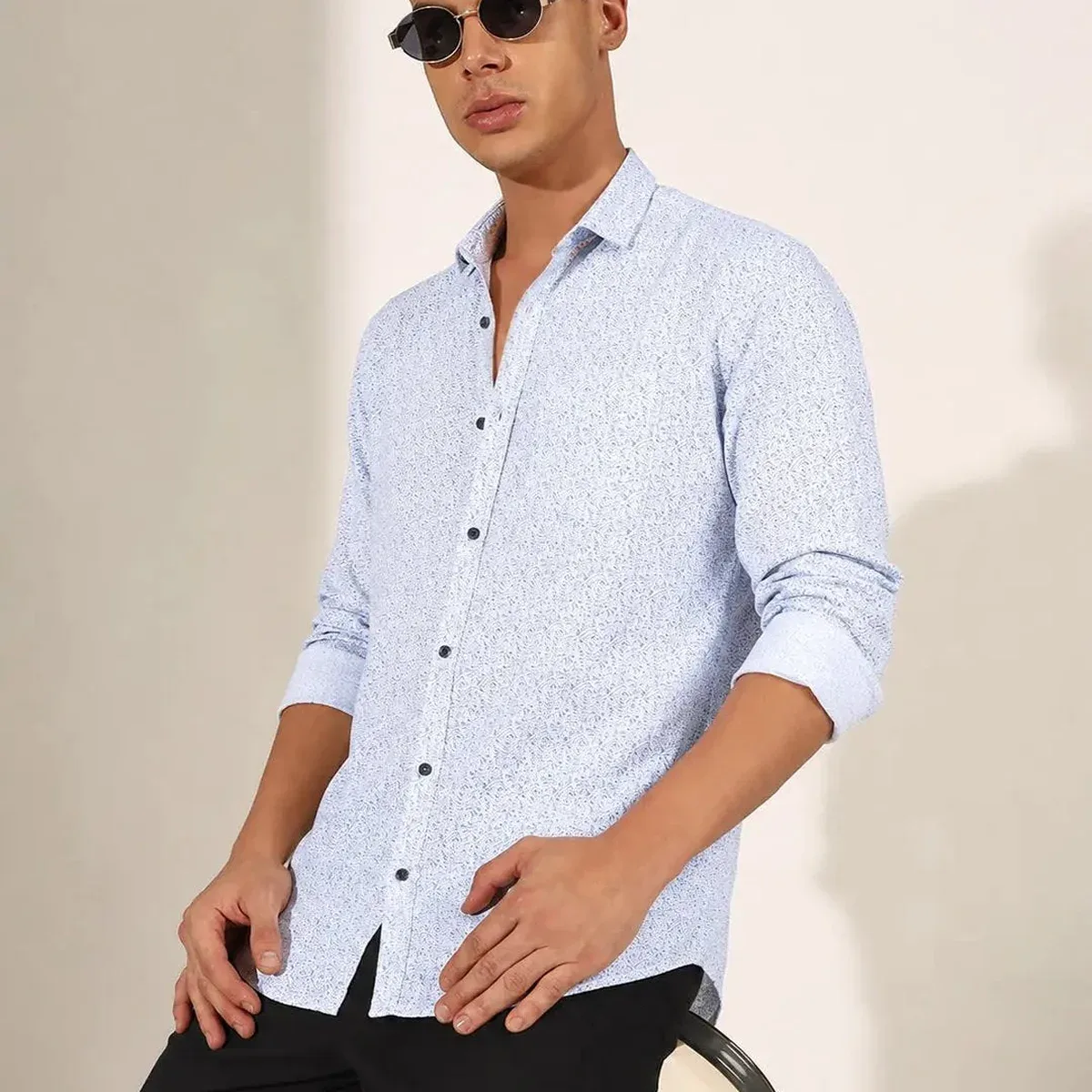 Men's Printed Blue Slim Fit Long Sleeve Casual Shirt, photo 1 of 4