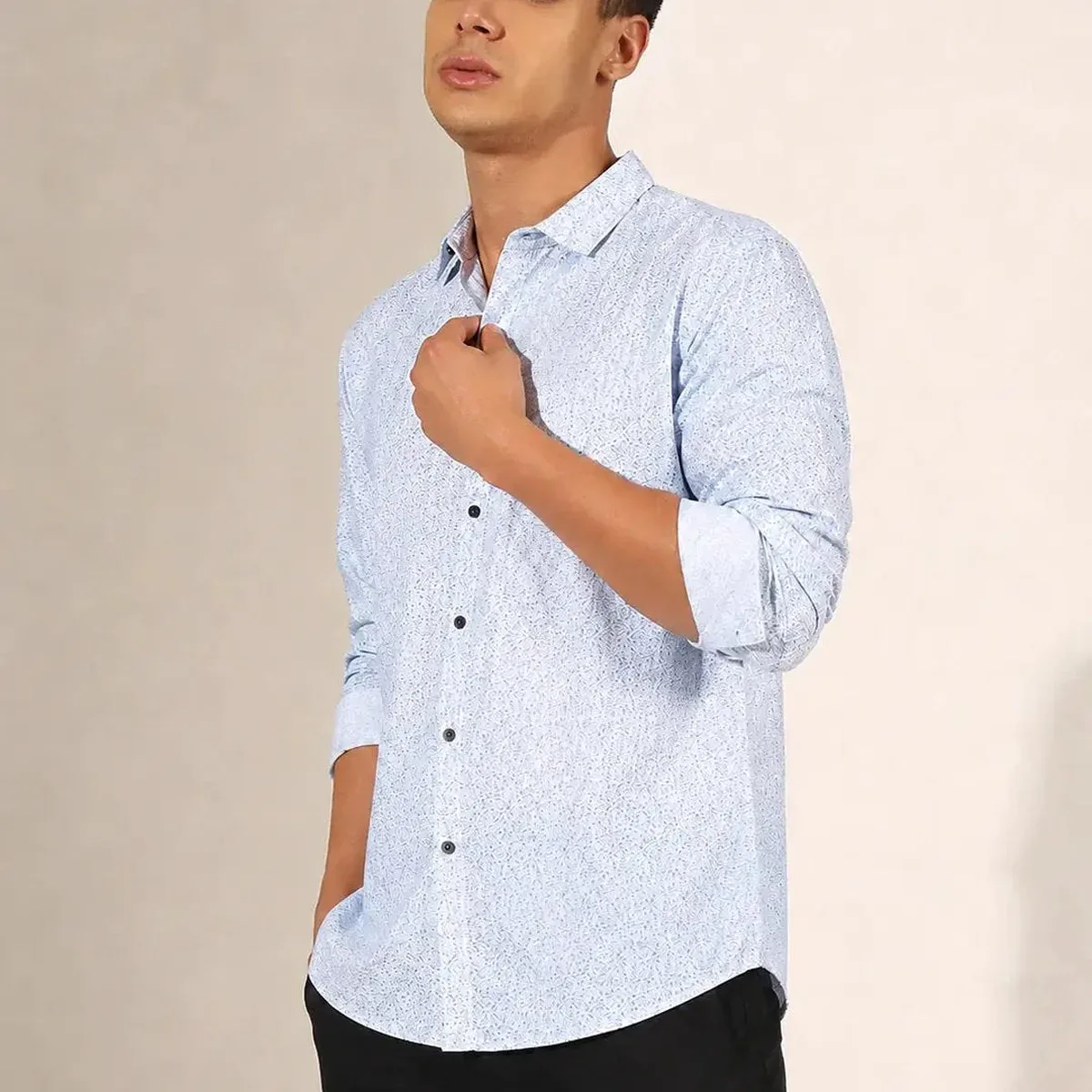 Men's Printed Blue Slim Fit Long Sleeve Casual Shirt, photo 3 of 4