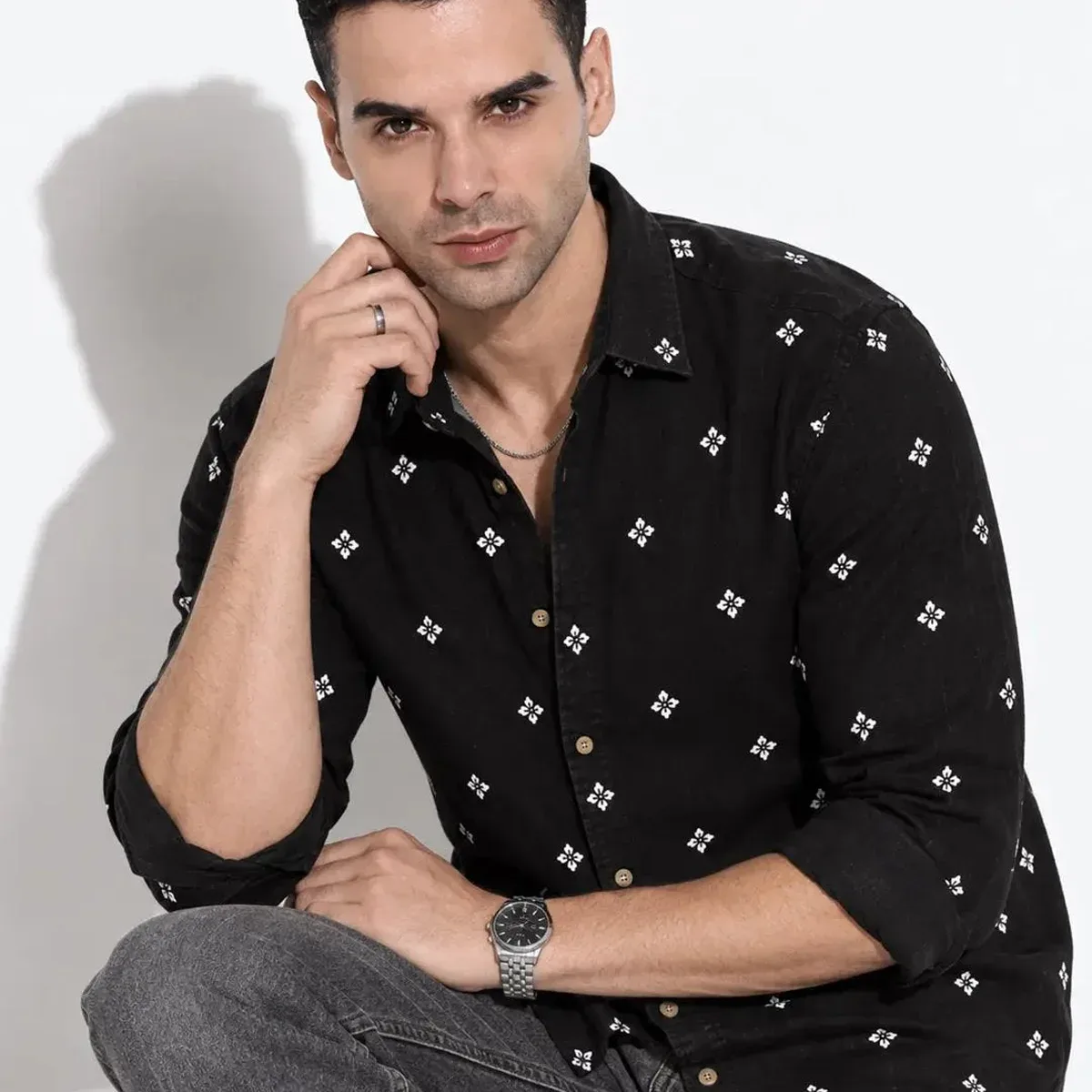 Men's Floral Printed Black Long Sleeves Casual Shirt, photo 1 of 4