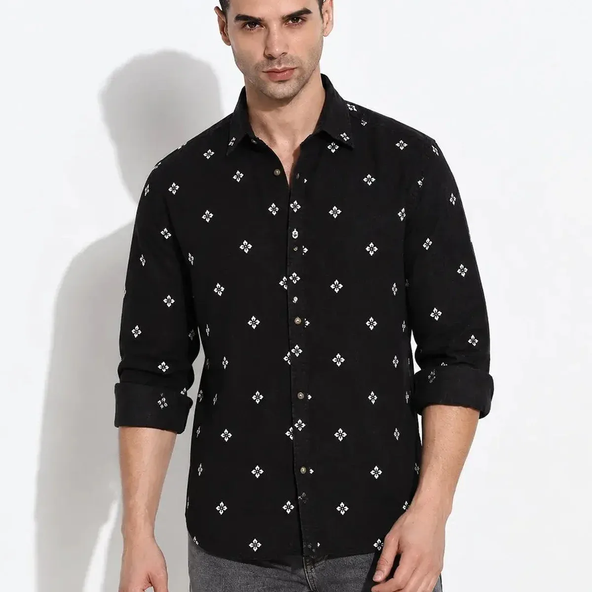 Men's Floral Printed Black Long Sleeves Casual Shirt, photo 2 of 4