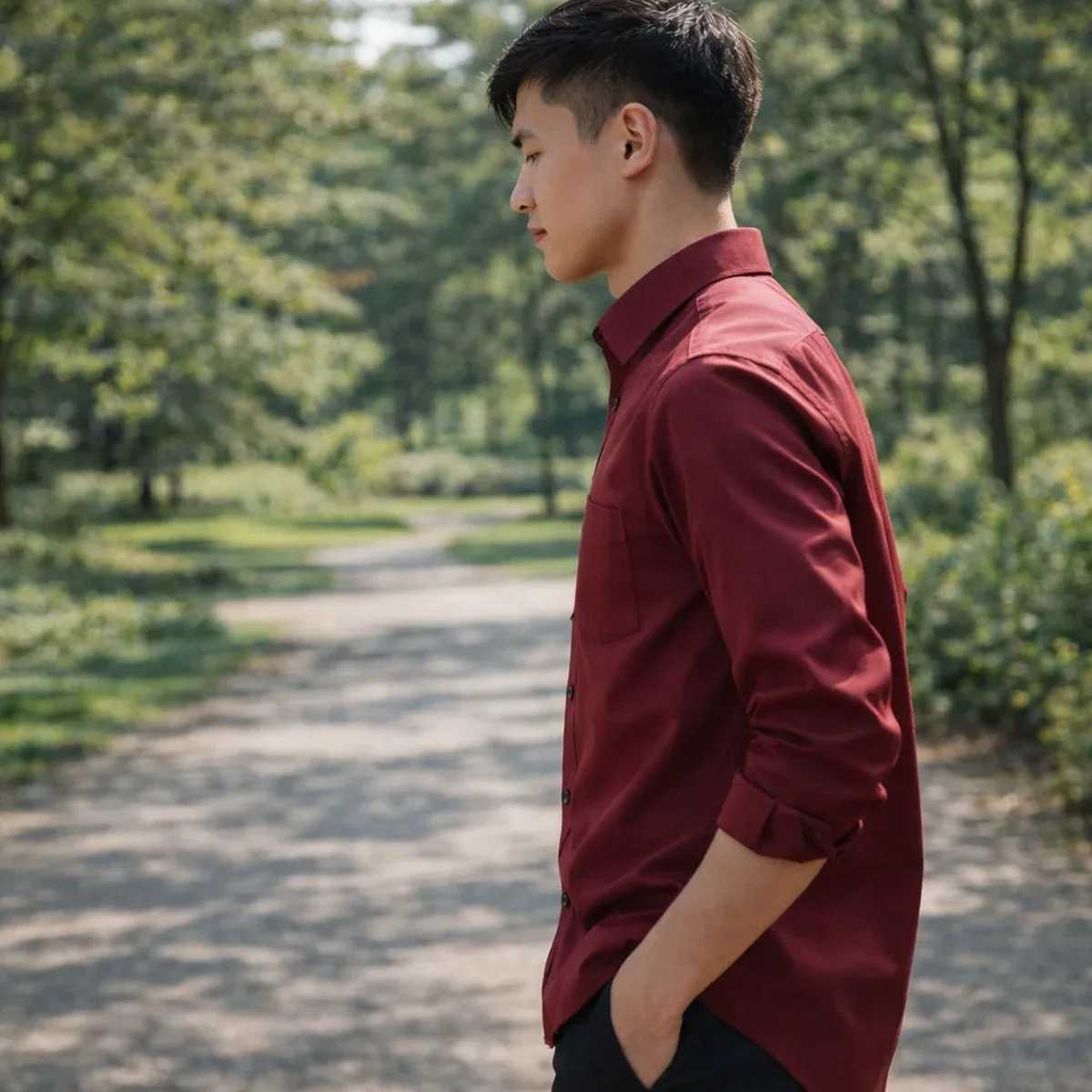 Men’s Burgundy Slim Fit Cotton Casual Shirt, photo 3 of 4