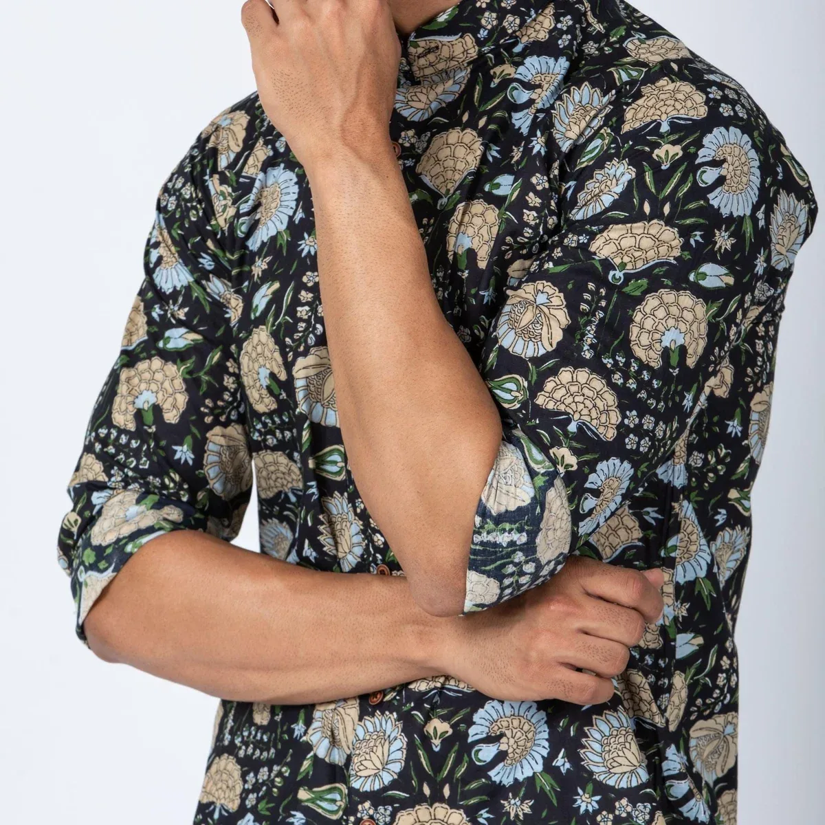 Firangi Yarn 100% Cotton Block Printed Full Sleeves Mandarin Collar Men's Shirt - Black Florals, photo 2 of 4