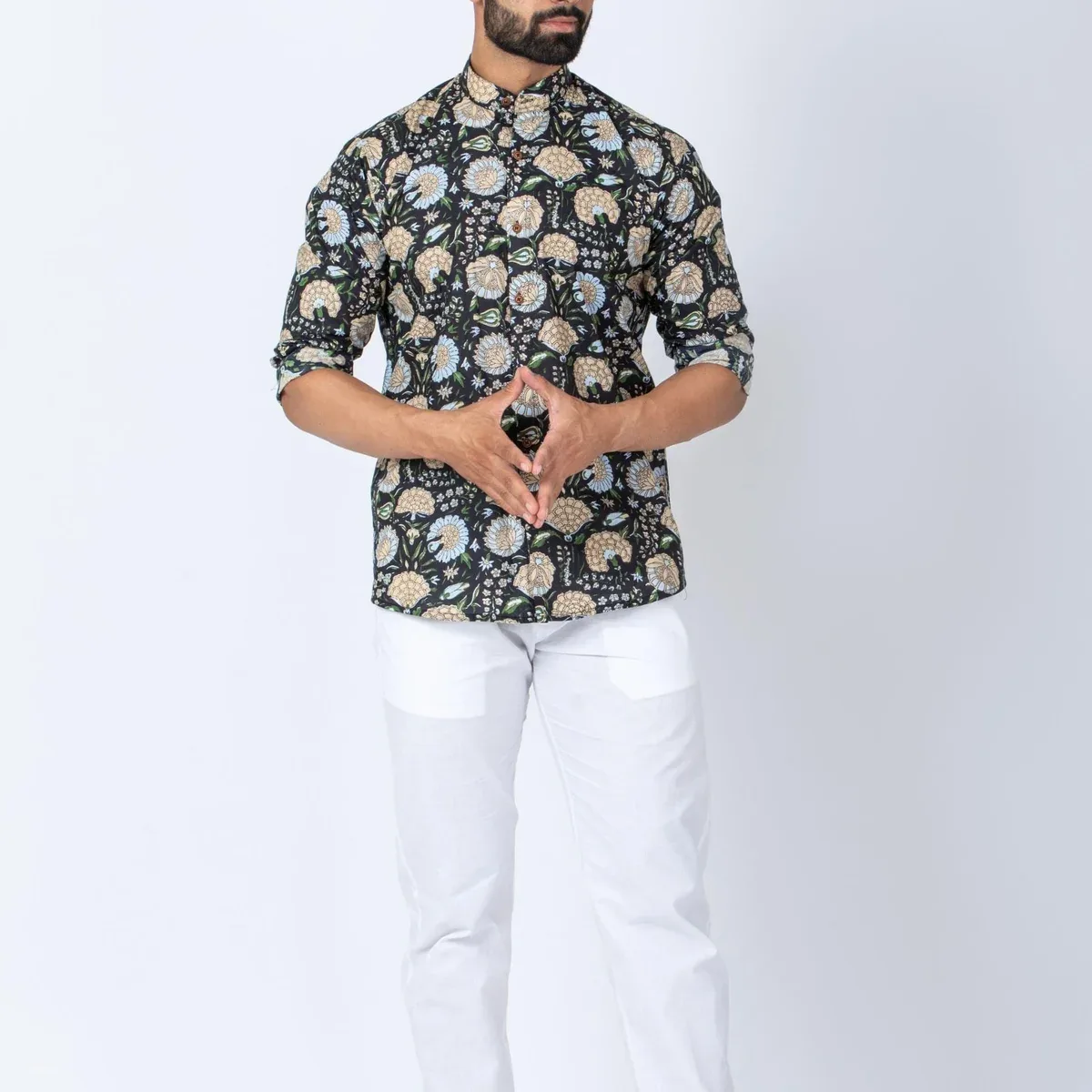 Firangi Yarn 100% Cotton Block Printed Full Sleeves Mandarin Collar Men's Shirt - Black Florals, photo 3 of 4
