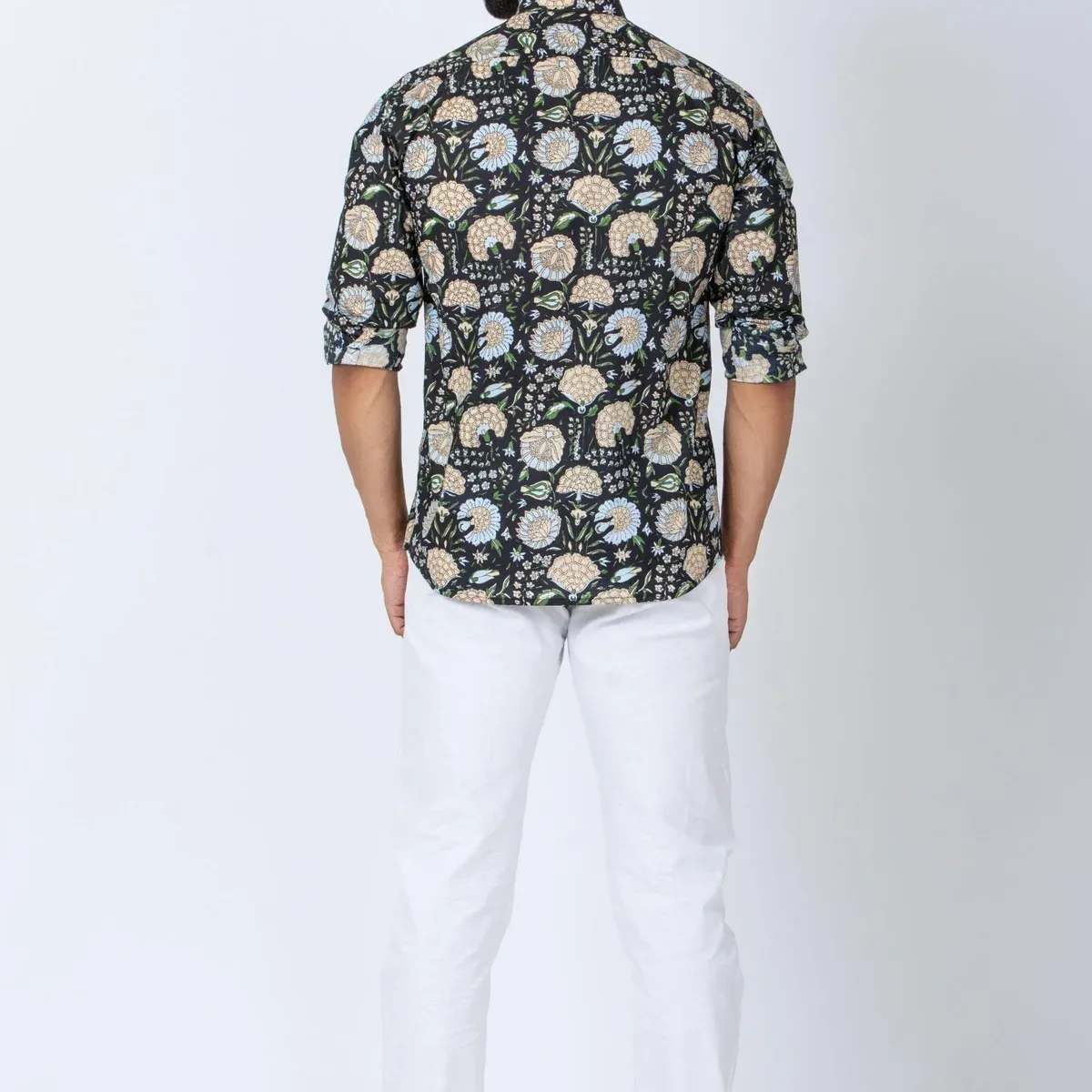 Firangi Yarn 100% Cotton Block Printed Full Sleeves Mandarin Collar Men's Shirt - Black Florals, photo 4 of 4