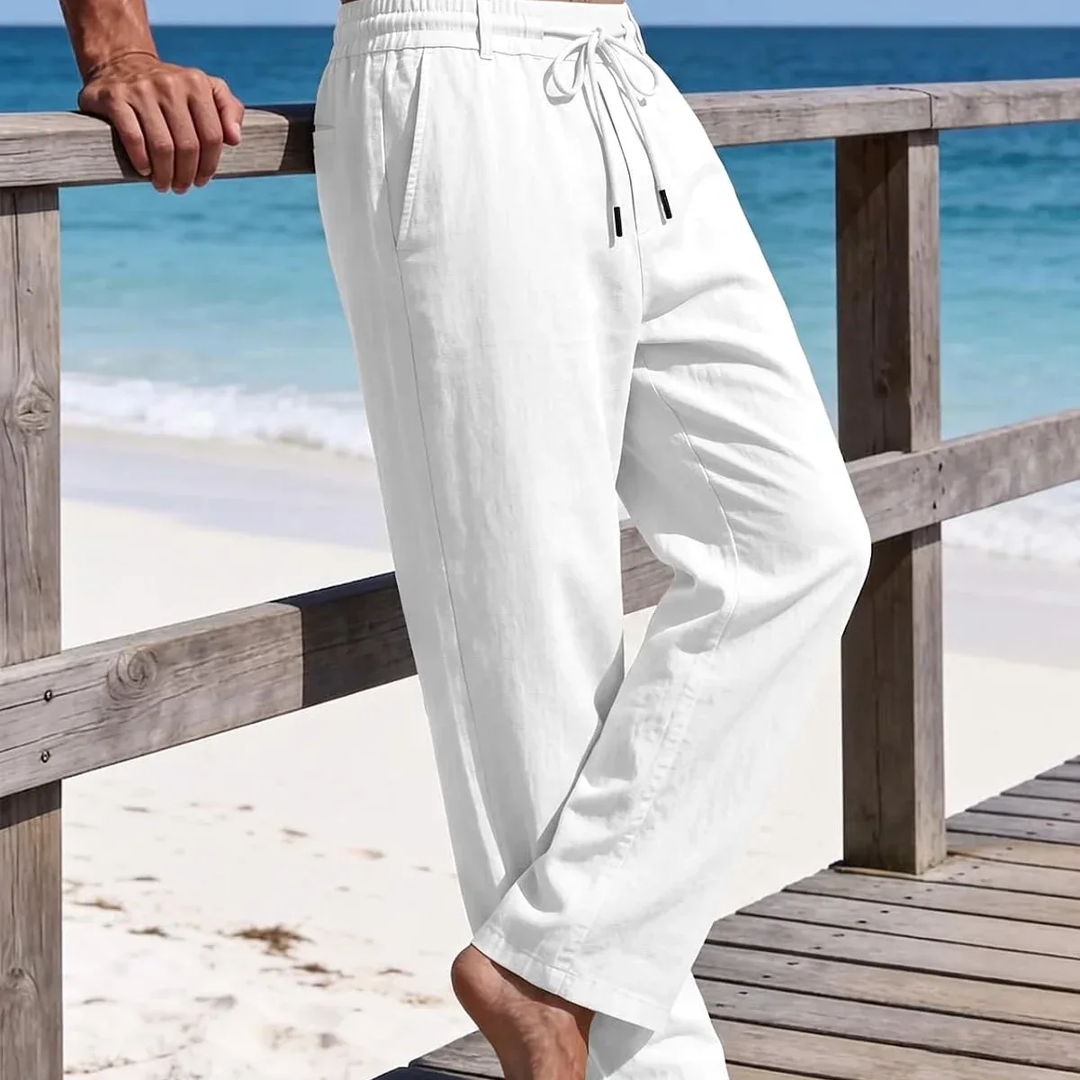 PIDOGYM Men's Cotton Linen Pants Summer Beach Pants Golf Dress Trousers | Casual, Lightweight, Drawstring Elas, photo 3 of 4