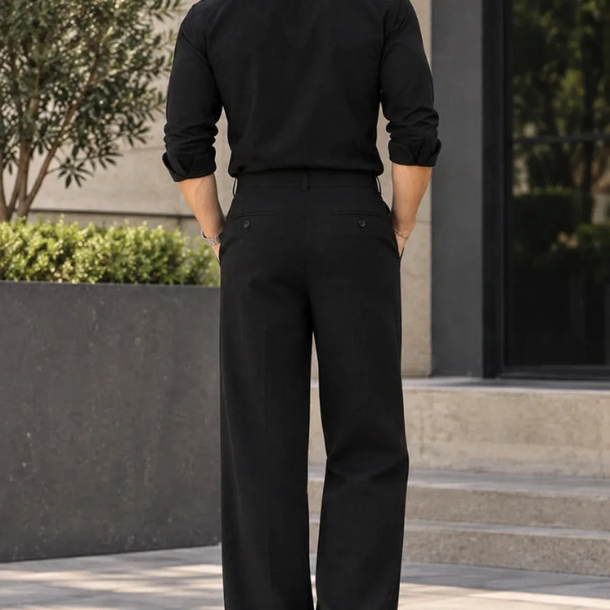 Men Black Wide Leg Trousers - Stylish Pleated Pant, photo 2 of 4