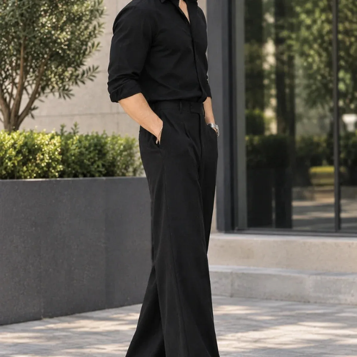 Men Black Wide Leg Trousers - Stylish Pleated Pant, photo 3 of 4